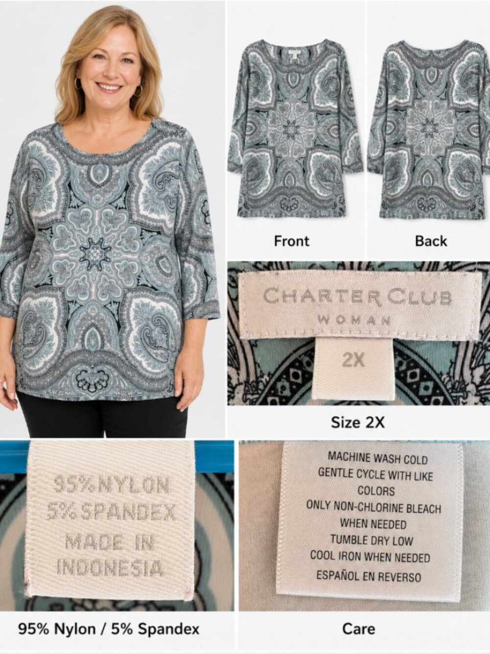 Charter Club Plus Size 2X 3/4 Sleeve Knit Top multi color Autumn Workwear Basic